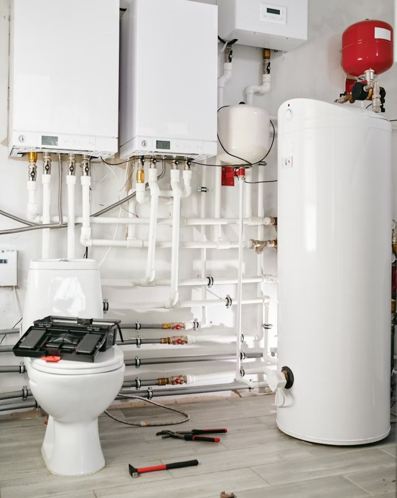 A of a gas boiler being serviced with tools in front of it